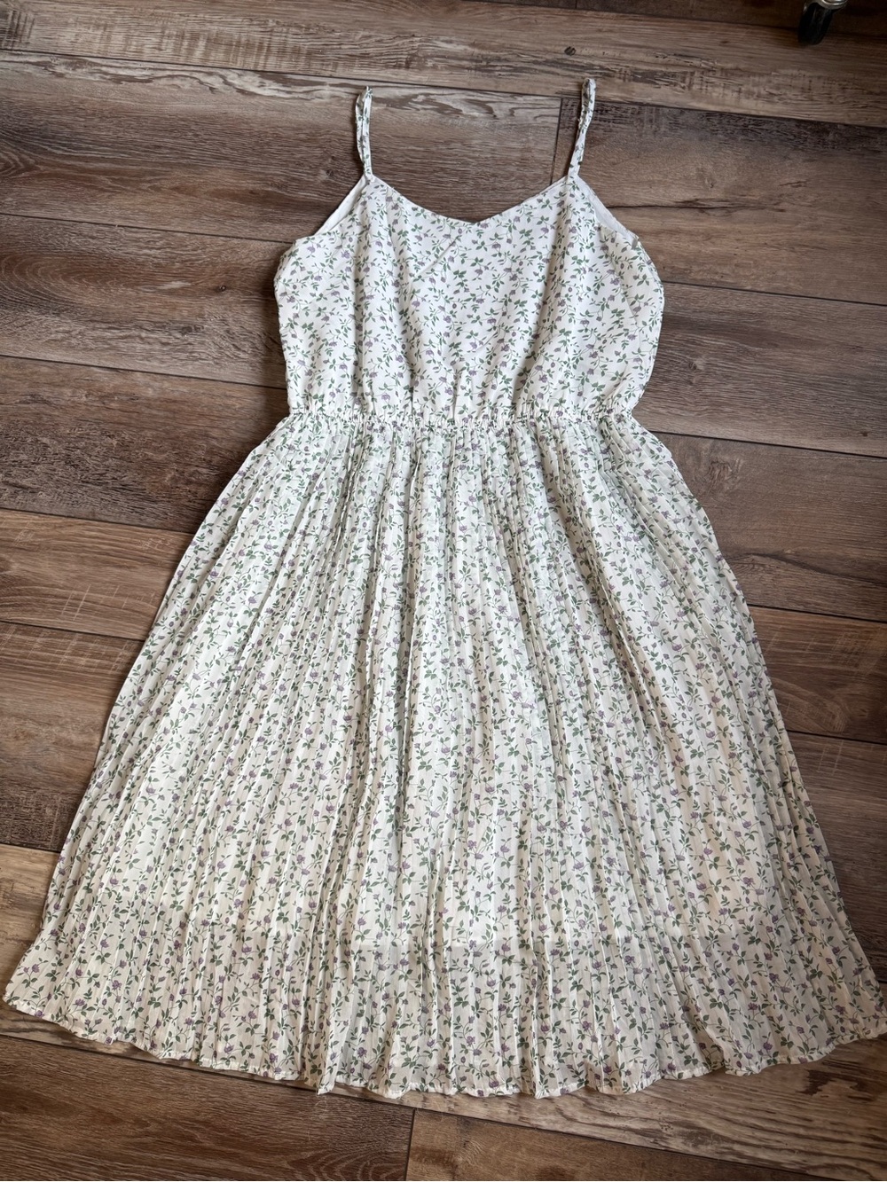 Hayden Cream Floral Pleated Sundress with Green and Purple Accents - Picture 3 of 7